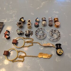 Assorted Ear Plugs & Gauges Set with Gold Feather Dangles